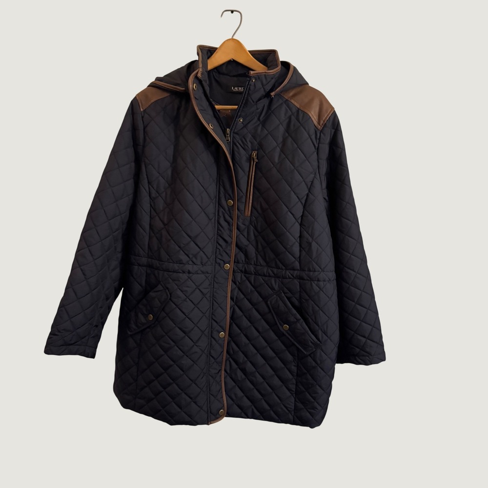 Lauren Ralph Lauren Navy Quilted Barn Jacket Faux Leather Trim Hooded 2X